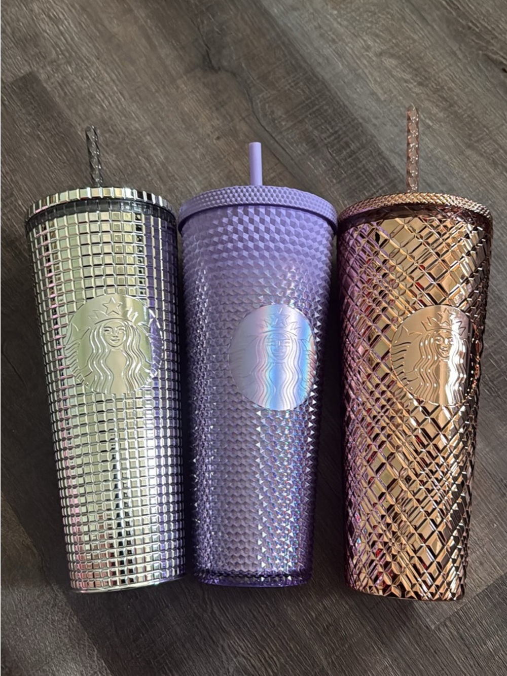 New. Set of 3 Starbucks Iridescent Purple, Rose Gold & Silver Studded tumblers.